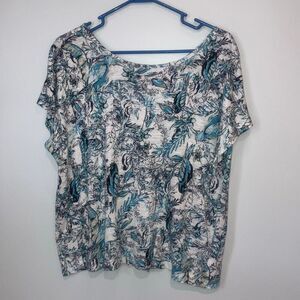 Tahari 100% linen Blue & White Button Back Size Large Short Sleeve #768